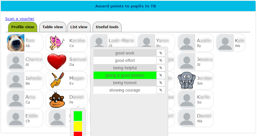 Awarding points to individual pupils